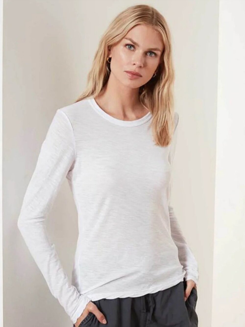 NWT James Perse White Crewneck Relaxed Fit Slub Cotton Long Sleeve Tee
